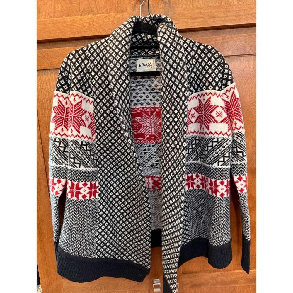 Telluride Clothing Co Womens Lambswool Fair Isle Shawl Cardigan Red Black M